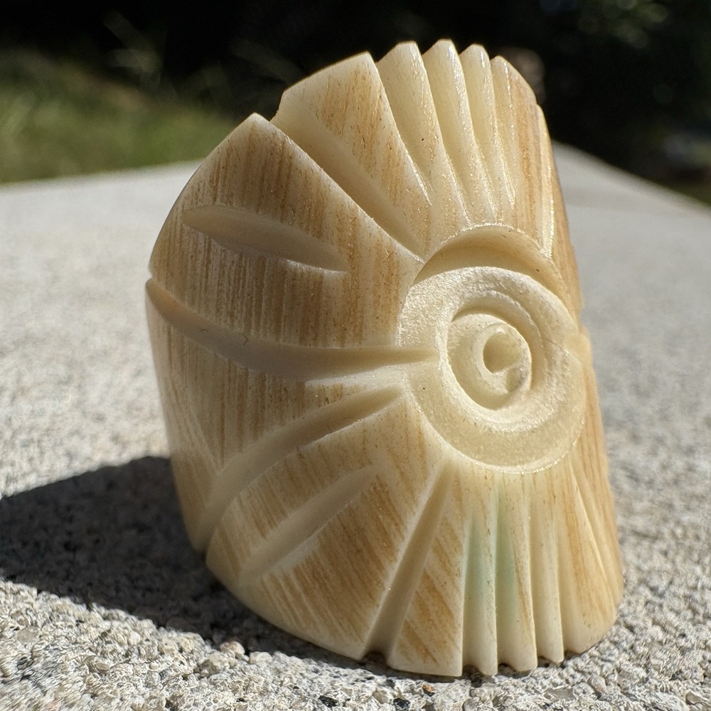 Hand Carved Bovine Sunburst Wide Band Ring Size 7 Cream Tan Boho Tribal Vintage